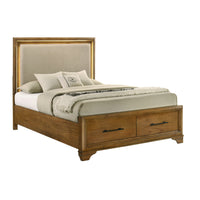 Tey Queen Storage Bed, LED Lighting, Honey Brown, Cream Upholstery