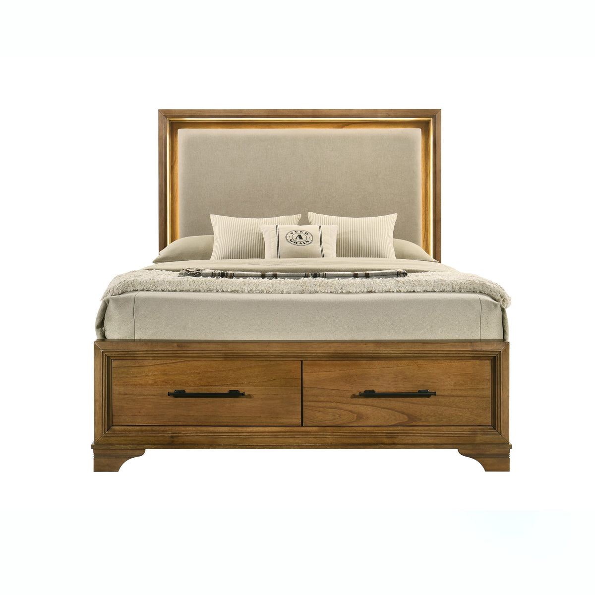 Tey Queen Storage Bed, LED Lighting, Honey Brown, Cream Upholstery