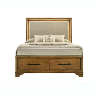 Tey Queen Storage Bed, LED Lighting, Honey Brown, Cream Upholstery
