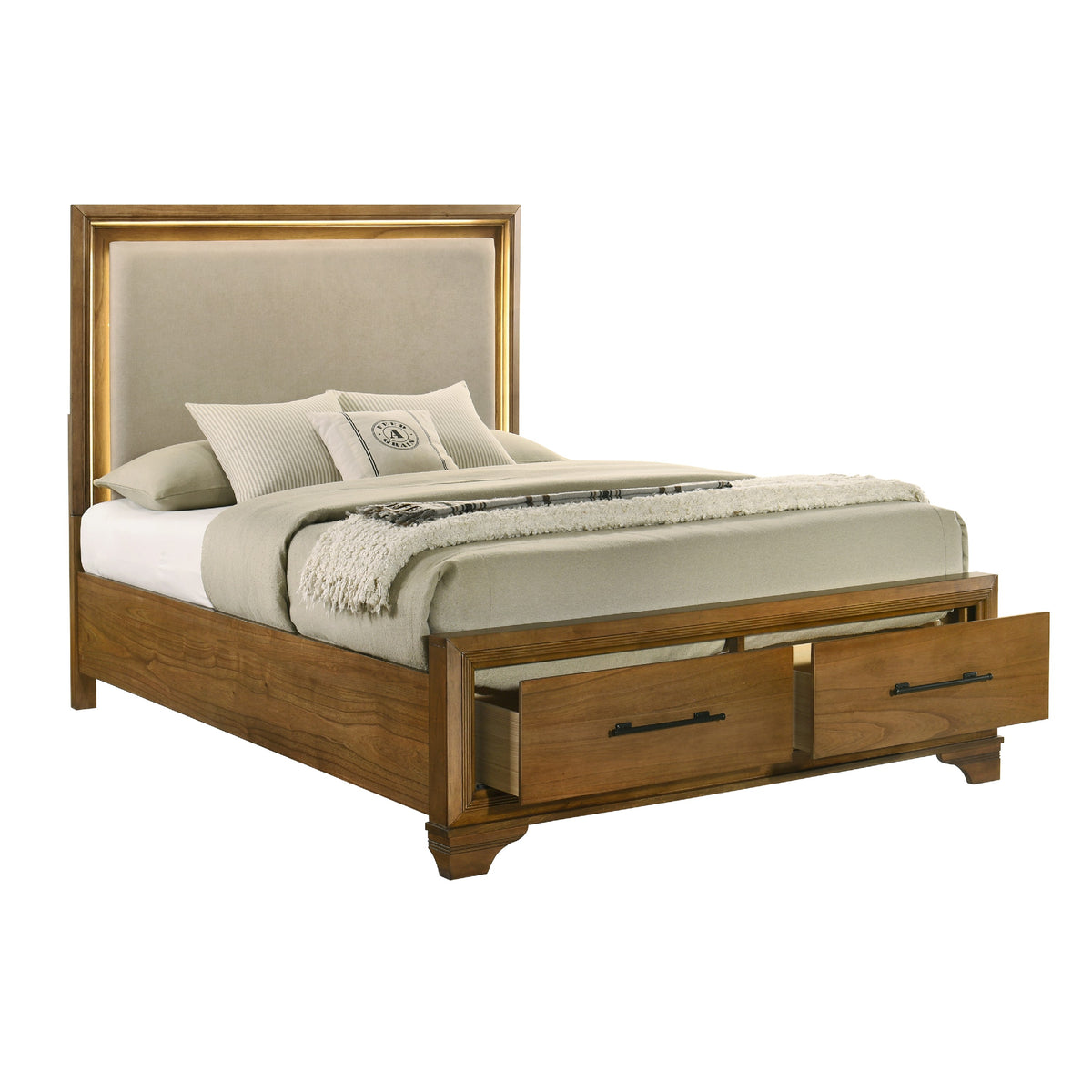 Tey Queen Storage Bed, LED Lighting, Honey Brown, Cream Upholstery