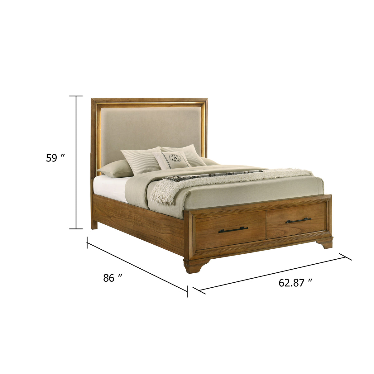 Tey Queen Storage Bed, LED Lighting, Honey Brown, Cream Upholstery