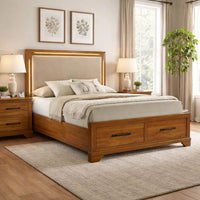 Tey Queen Storage Bed, LED Lighting, Honey Brown, Cream Upholstery
