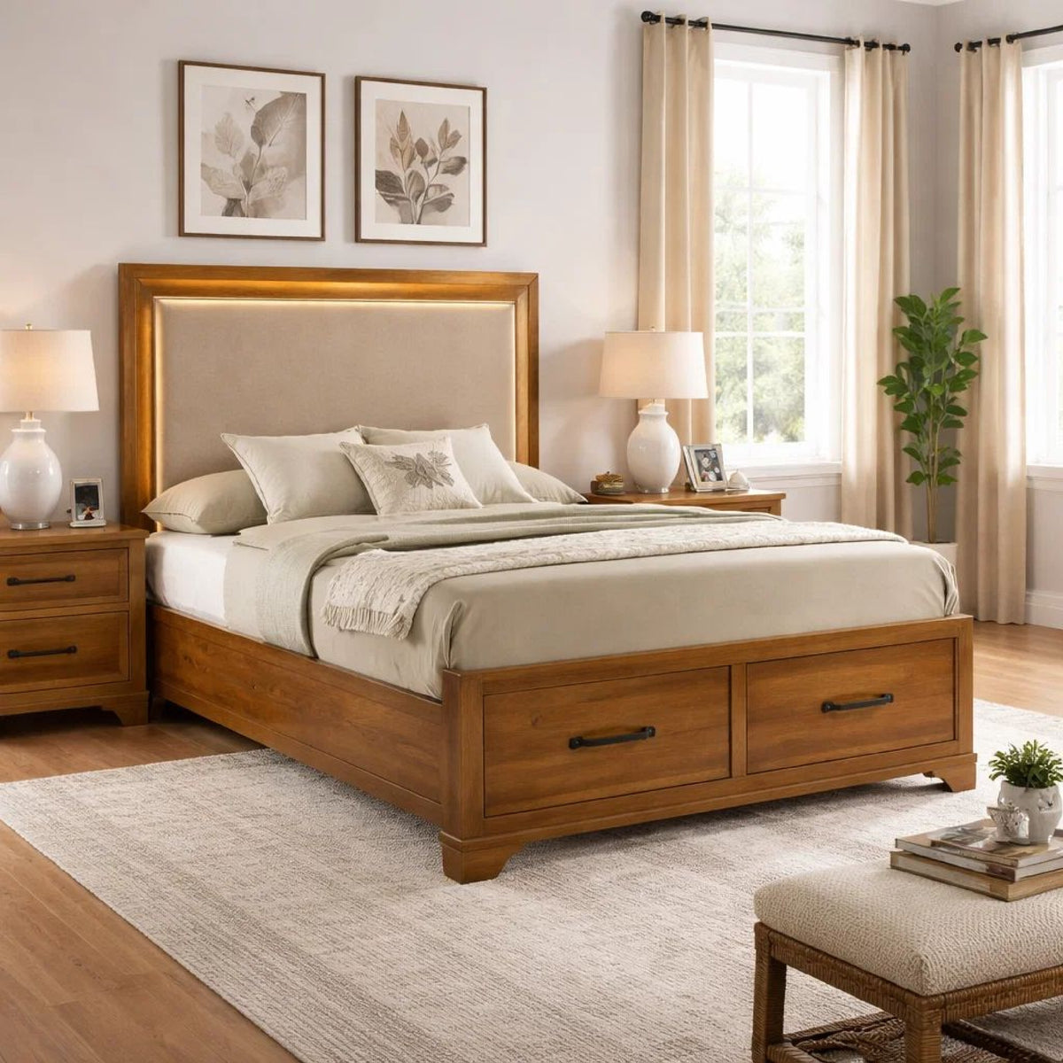 Tey Queen Storage Bed, LED Lighting, Honey Brown, Cream Upholstery