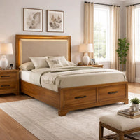 Tey Queen Storage Bed, LED Lighting, Honey Brown, Cream Upholstery