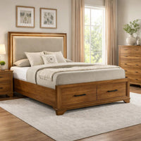 Tey Queen Storage Bed, LED Lighting, Honey Brown, Cream Upholstery