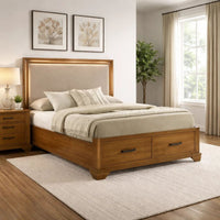 Tey Queen Storage Bed, LED Lighting, Honey Brown, Cream Upholstery