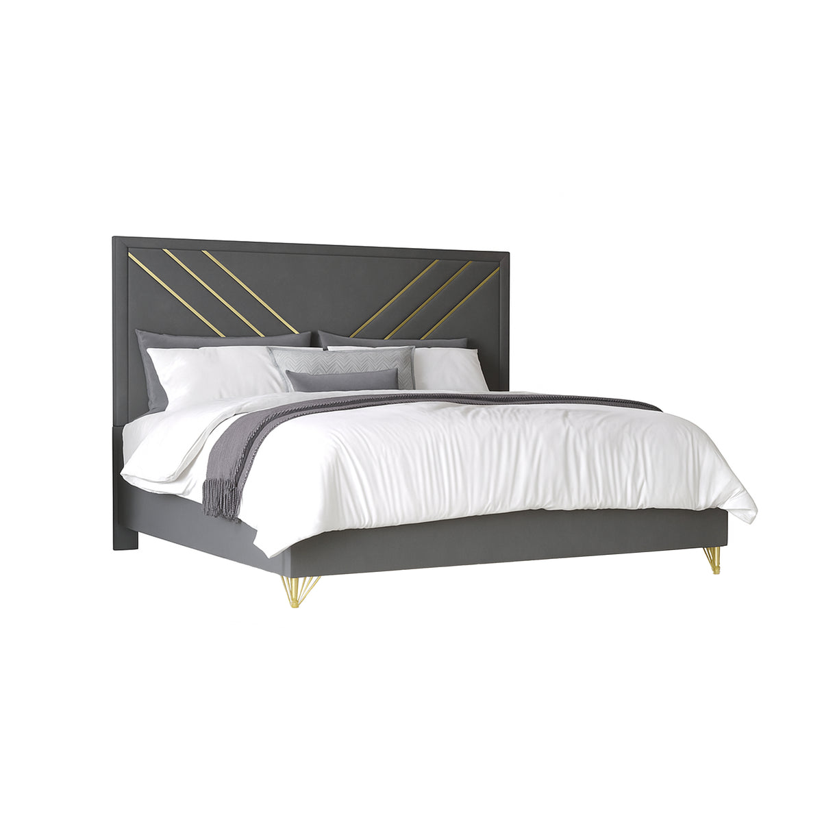 Semy Queen Bed, Gold and Mylar Accents, V-Shaped Details, Charcoal Gray
