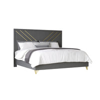 Semy Queen Bed, Gold and Mylar Accents, V-Shaped Details, Charcoal Gray