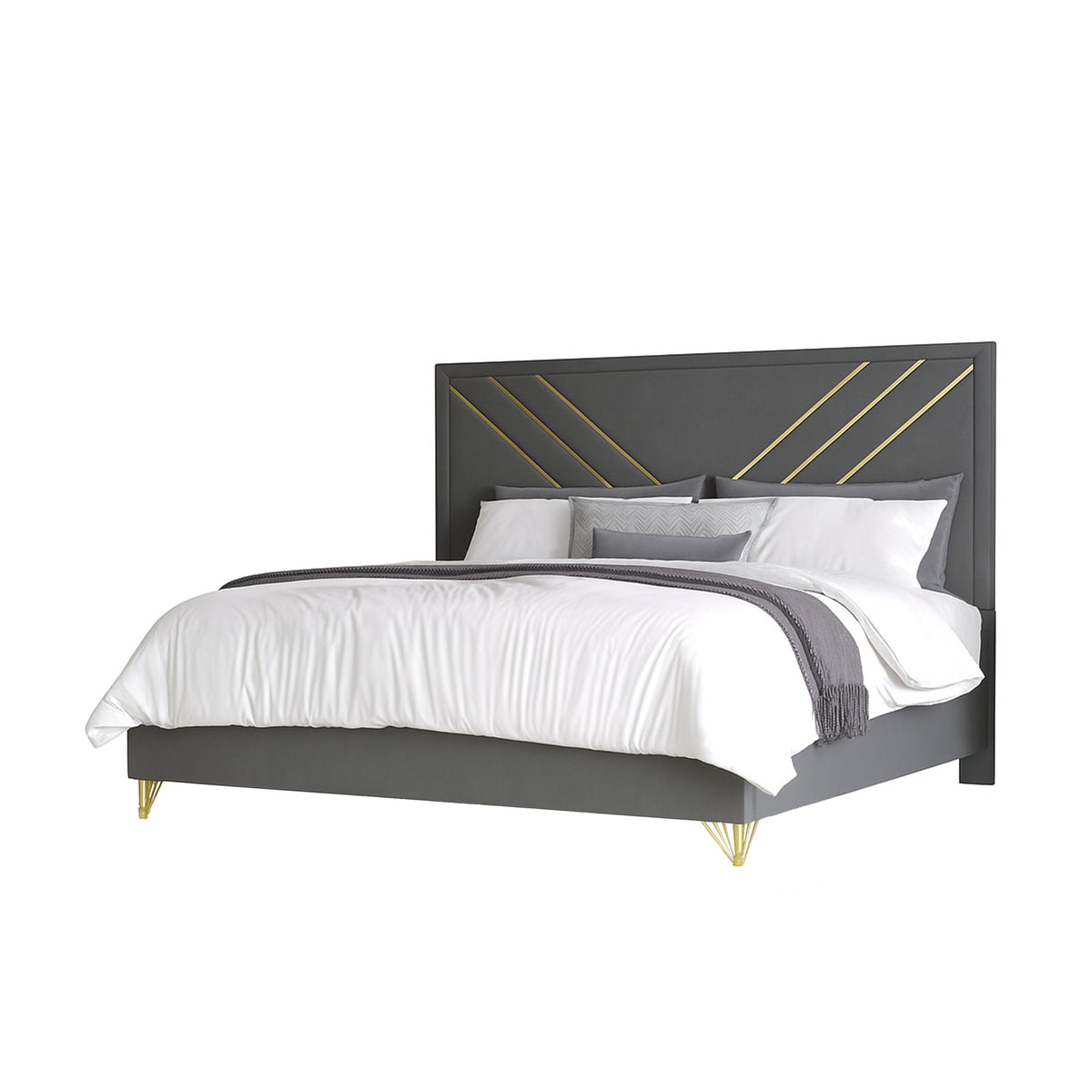 Semy Queen Bed, Gold and Mylar Accents, V-Shaped Details, Charcoal Gray