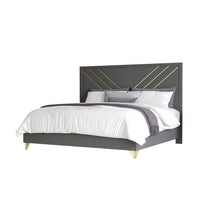Semy Queen Bed, Gold and Mylar Accents, V-Shaped Details, Charcoal Gray