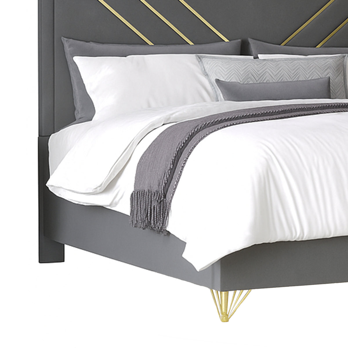 Semy Queen Bed, Gold and Mylar Accents, V-Shaped Details, Charcoal Gray