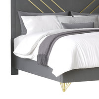 Semy Queen Bed, Gold and Mylar Accents, V-Shaped Details, Charcoal Gray