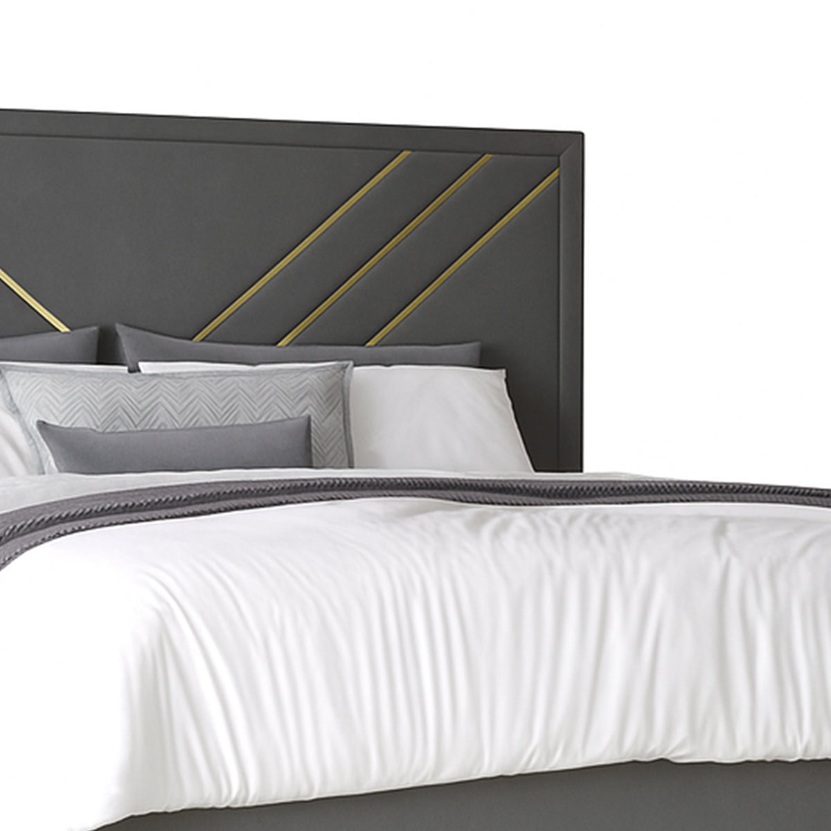 Semy Queen Bed, Gold and Mylar Accents, V-Shaped Details, Charcoal Gray