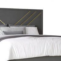 Semy Queen Bed, Gold and Mylar Accents, V-Shaped Details, Charcoal Gray