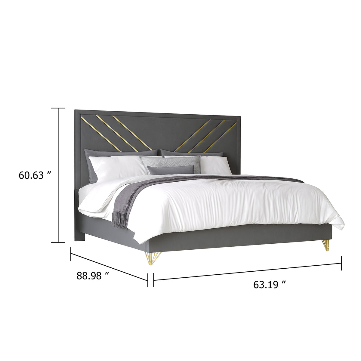 Semy Queen Bed, Gold and Mylar Accents, V-Shaped Details, Charcoal Gray