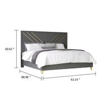 Semy Queen Bed, Gold and Mylar Accents, V-Shaped Details, Charcoal Gray