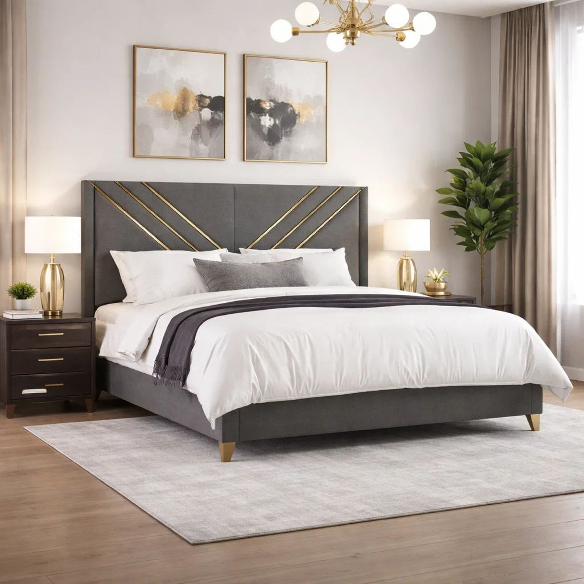 Semy Queen Bed, Gold and Mylar Accents, V-Shaped Details, Charcoal Gray