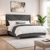 Semy Queen Bed, Gold and Mylar Accents, V-Shaped Details, Charcoal Gray