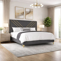 Semy Queen Bed, Gold and Mylar Accents, V-Shaped Details, Charcoal Gray