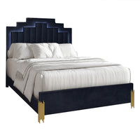 Theo Queen Bed with LED Headboard, Gold, Retro Black Velvet Upholstery