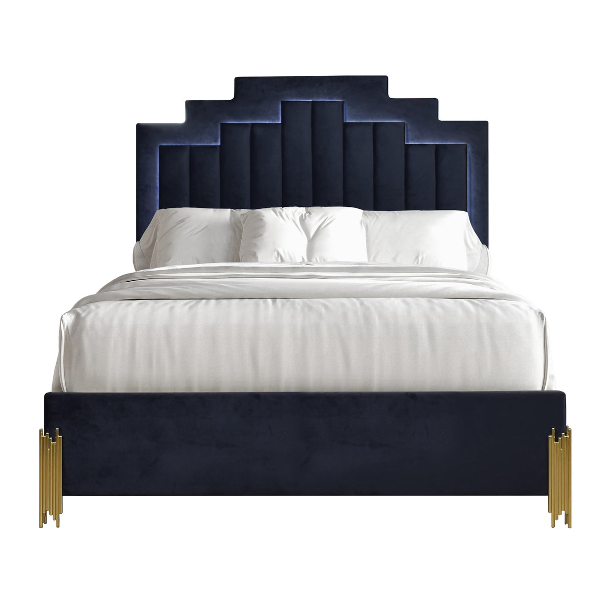 Theo Queen Bed with LED Headboard, Gold, Retro Black Velvet Upholstery