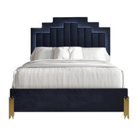 Theo Queen Bed with LED Headboard, Gold, Retro Black Velvet Upholstery
