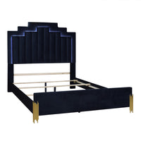 Theo Queen Bed with LED Headboard, Gold, Retro Black Velvet Upholstery