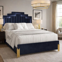 Theo Queen Bed with LED Headboard, Gold, Retro Black Velvet Upholstery