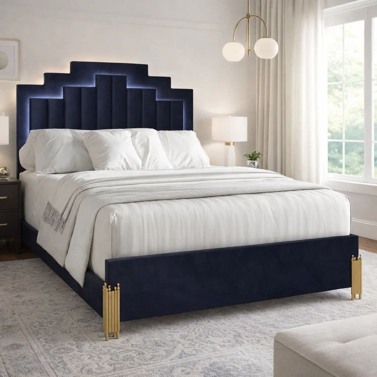 Theo Queen Bed with LED Headboard, Gold, Retro Black Velvet Upholstery