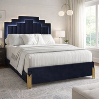 Theo Queen Bed with LED Headboard, Gold, Retro Black Velvet Upholstery