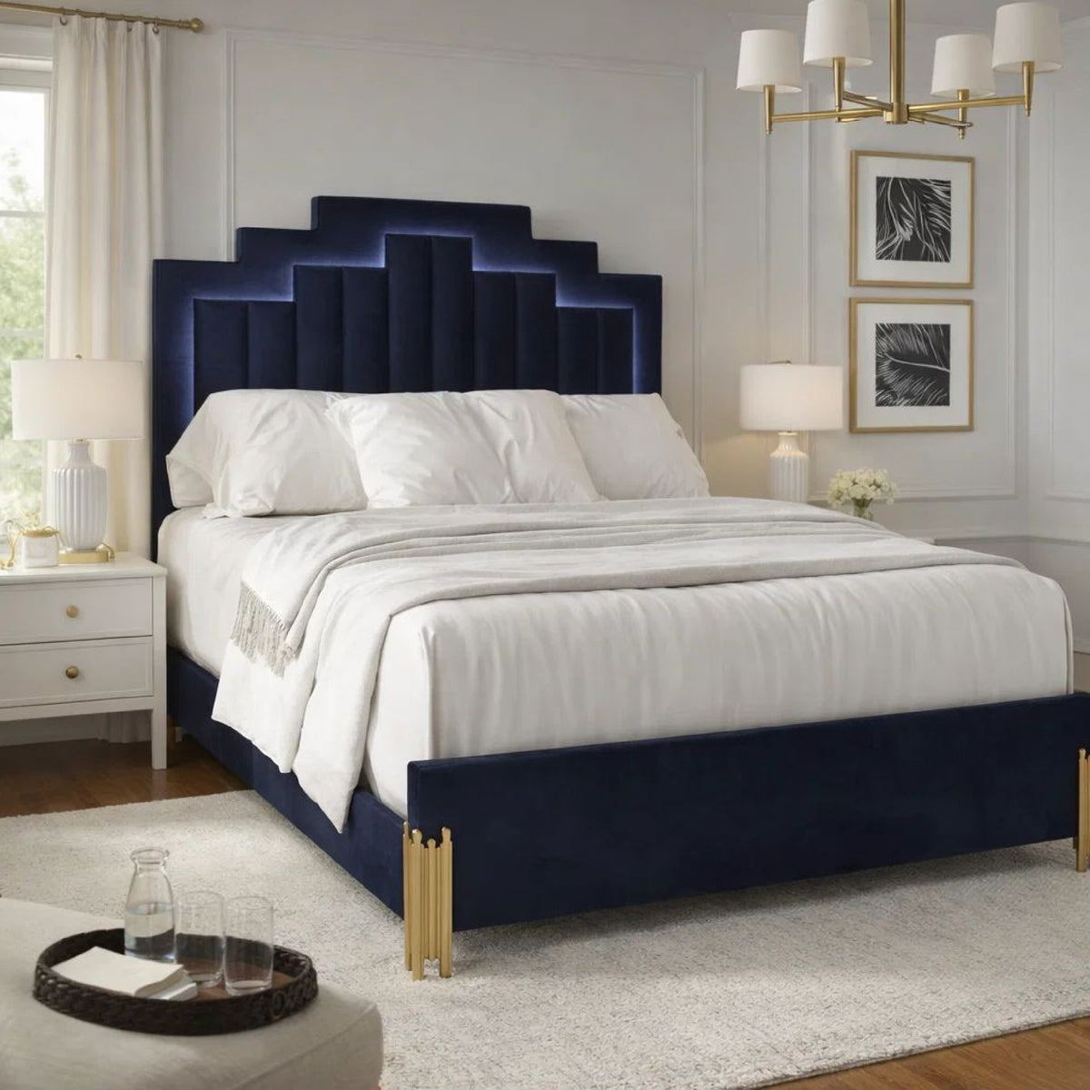 Theo Queen Bed with LED Headboard, Gold, Retro Black Velvet Upholstery