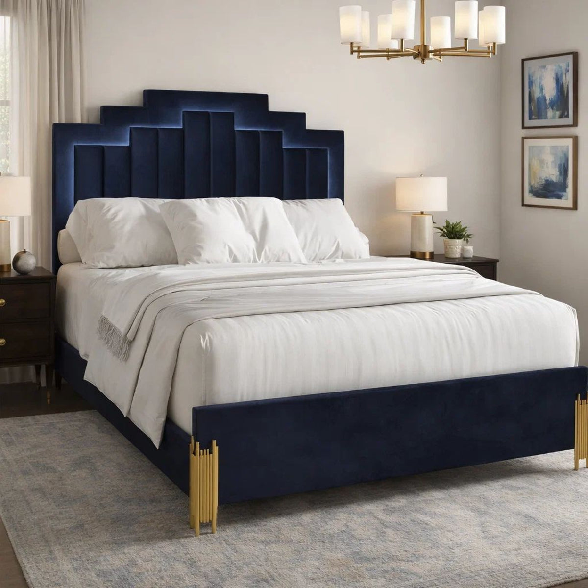 Theo Queen Bed with LED Headboard, Gold, Retro Black Velvet Upholstery