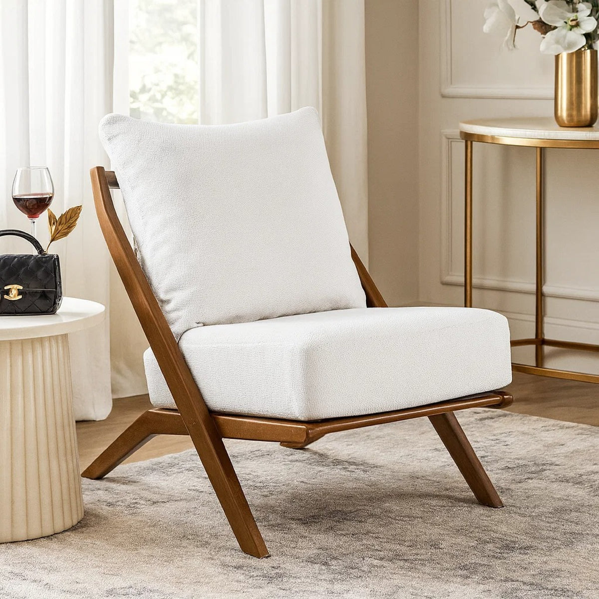 Moi Scandinavian Accent Chair, Beige Chenille, Brown Angled Frame  - BM347831