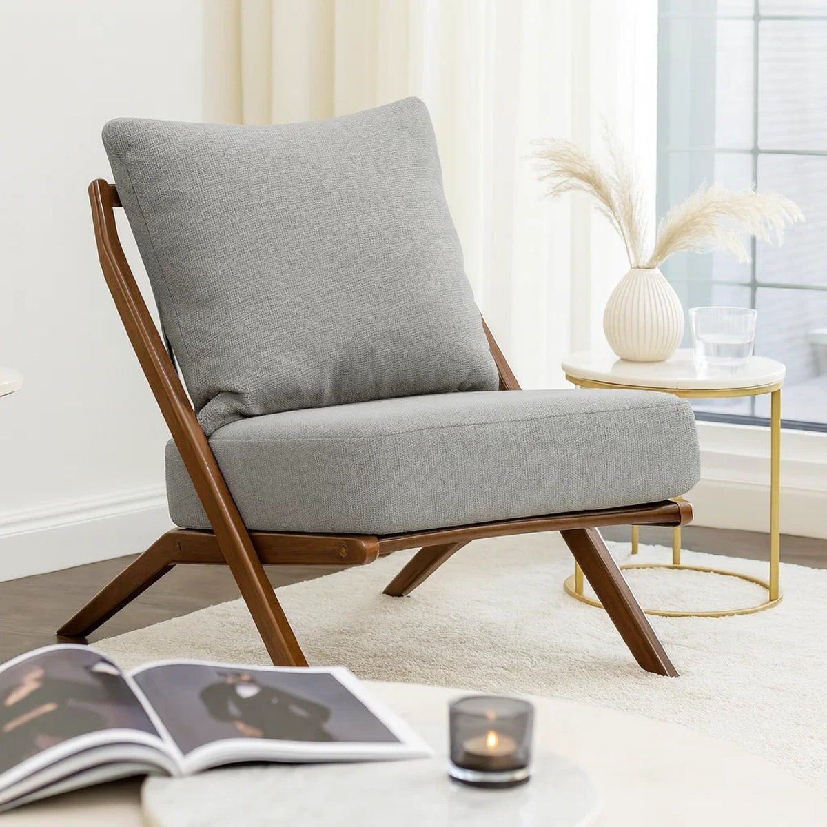 Moi Scandinavian Accent Chair, Gray Chenille, Brown Angled Frame  - BM347832