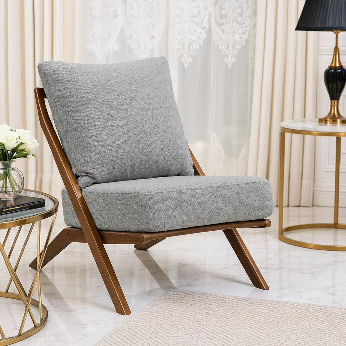 Moi Scandinavian Accent Chair, Gray Chenille, Brown Angled Frame  - BM347832