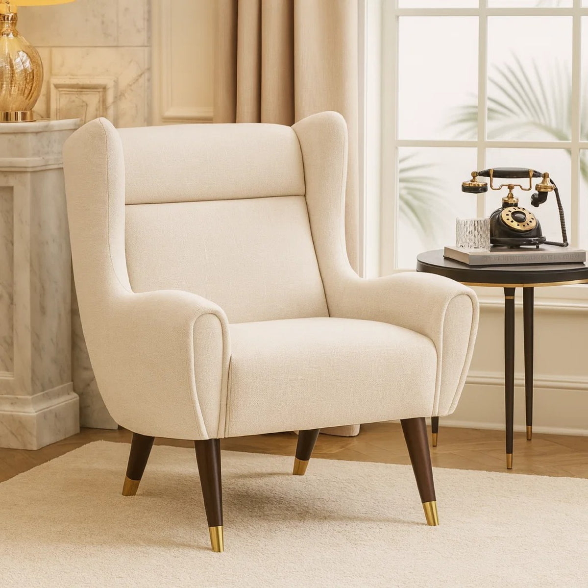 Koi Wingback Accent Chair, Textured Beige Polyester, Brown Solid Wood  - BM347833