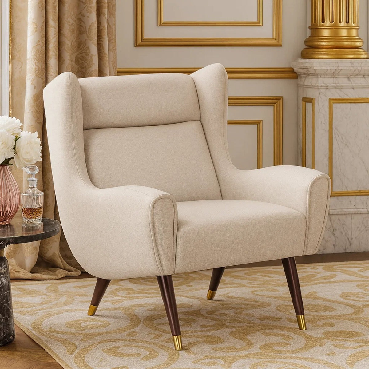 Koi Wingback Accent Chair, Textured Beige Polyester, Brown Solid Wood  - BM347833