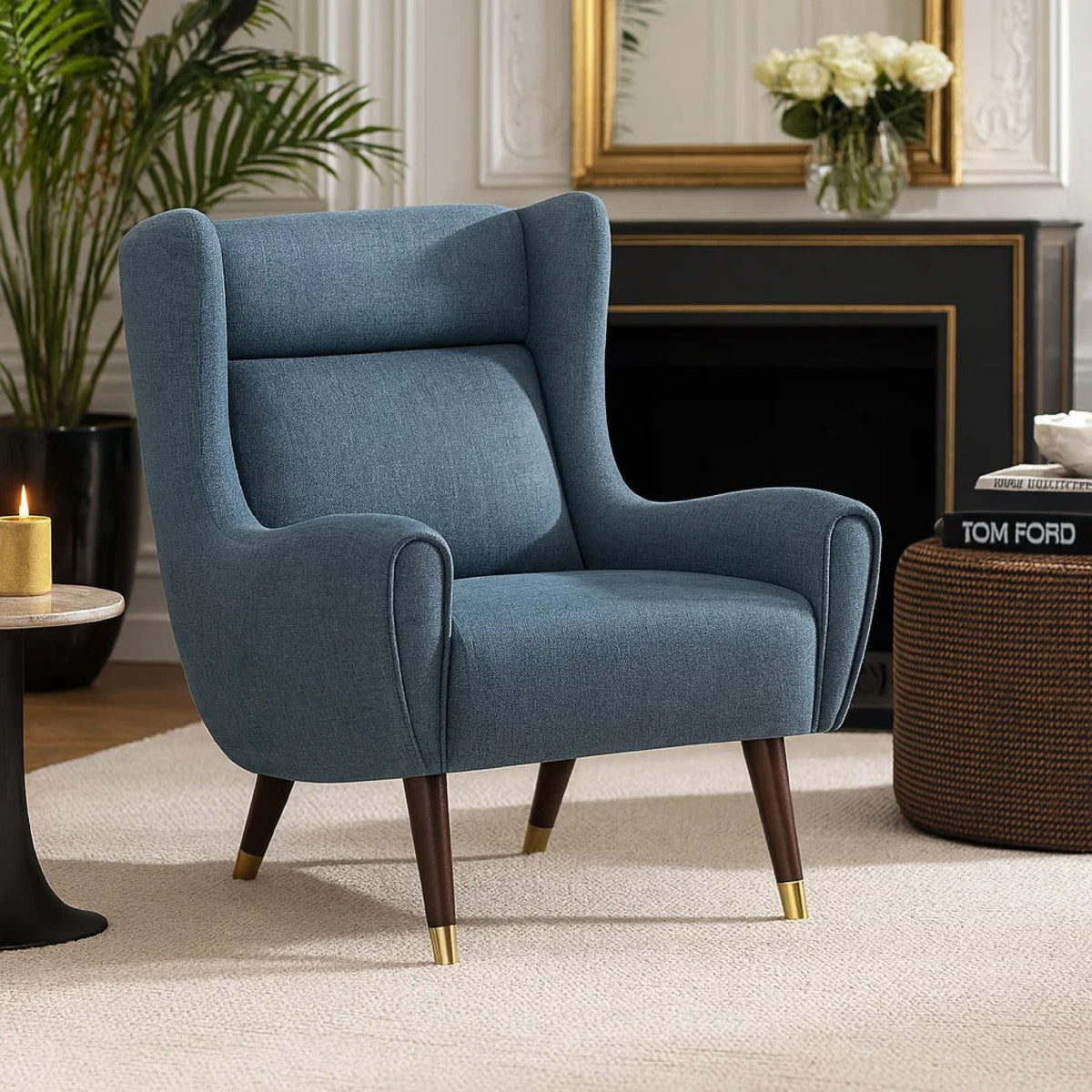 Koi Wingback Accent Chair, Textured Blue Polyester, Brown Solid Wood  - BM347834
