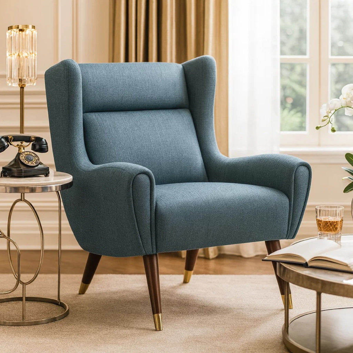 Koi Wingback Accent Chair, Textured Blue Polyester, Brown Solid Wood  - BM347834