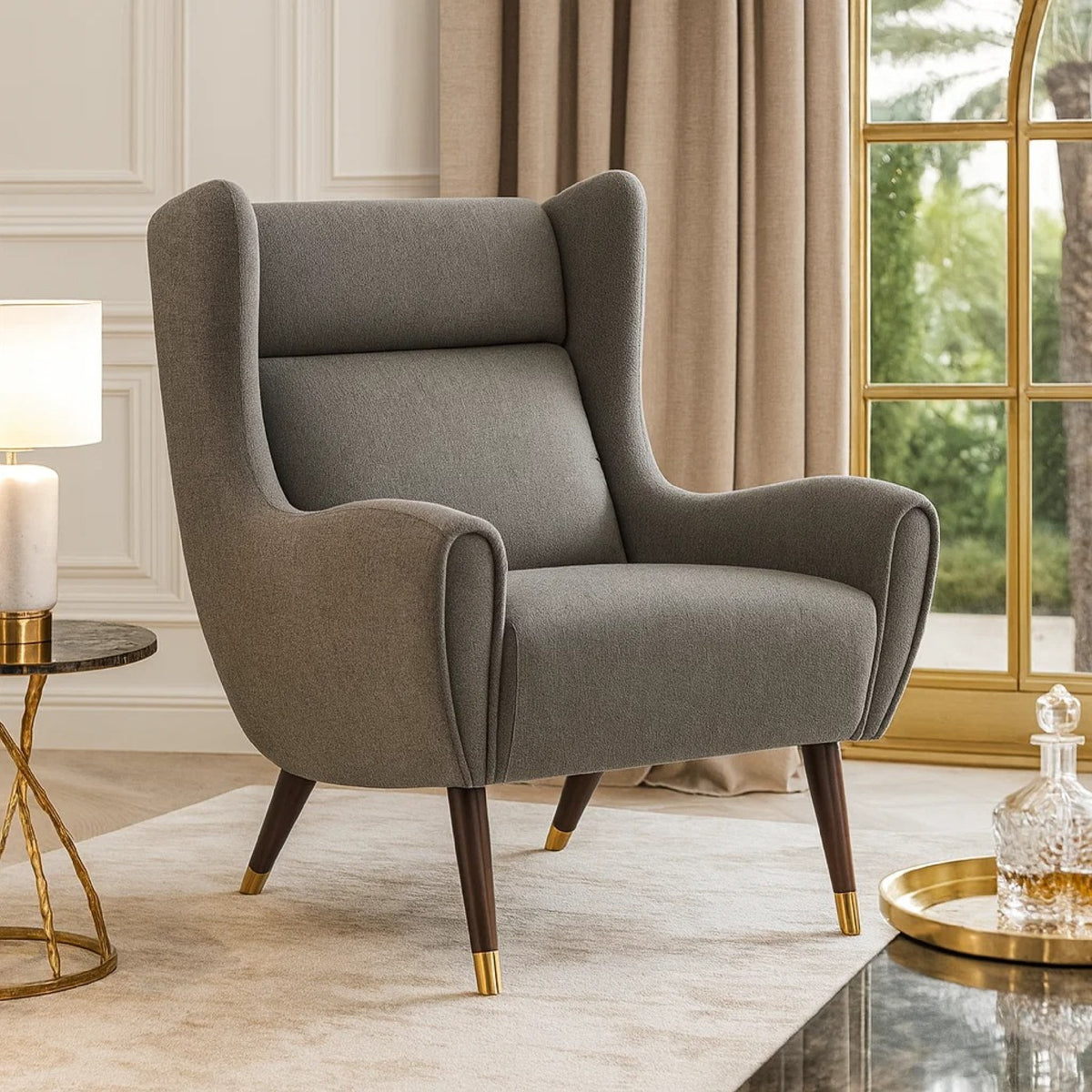 Koi Wingback Accent Chair, Textured Gray Polyester, Brown Solid Wood  - BM347835