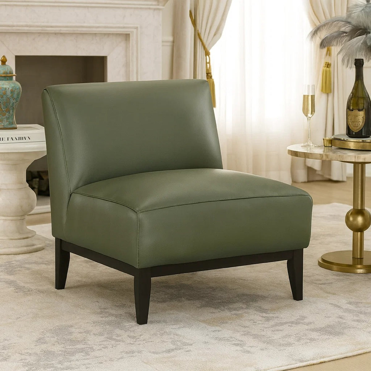 Poi Armless Slipper Chair, Green Top Grain Buffalo Leather, Black Wood  - BM347837