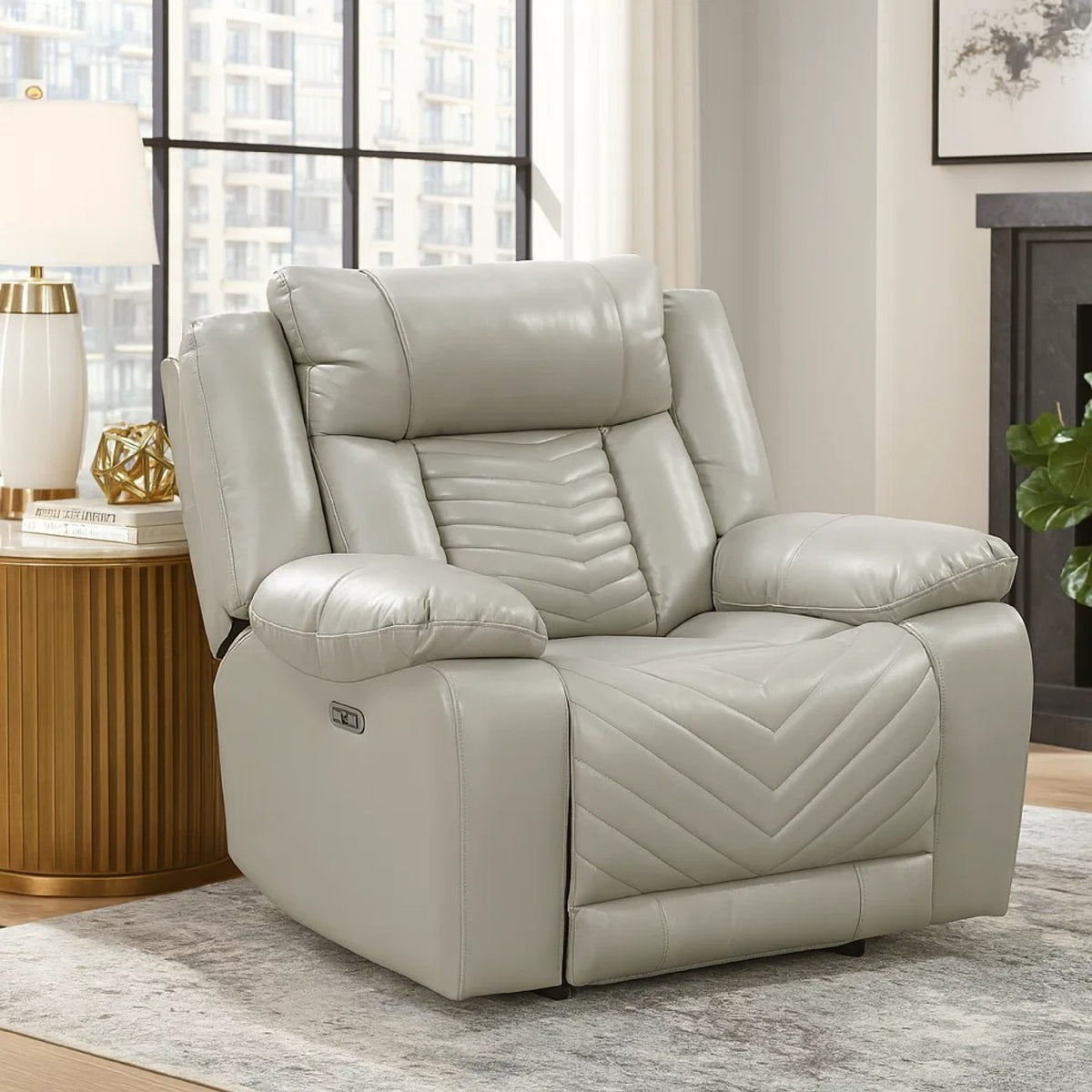 Power Reclining Chair, USB Ports and Blue LED, Foam Fill Gray Faux Leather  - BM347855