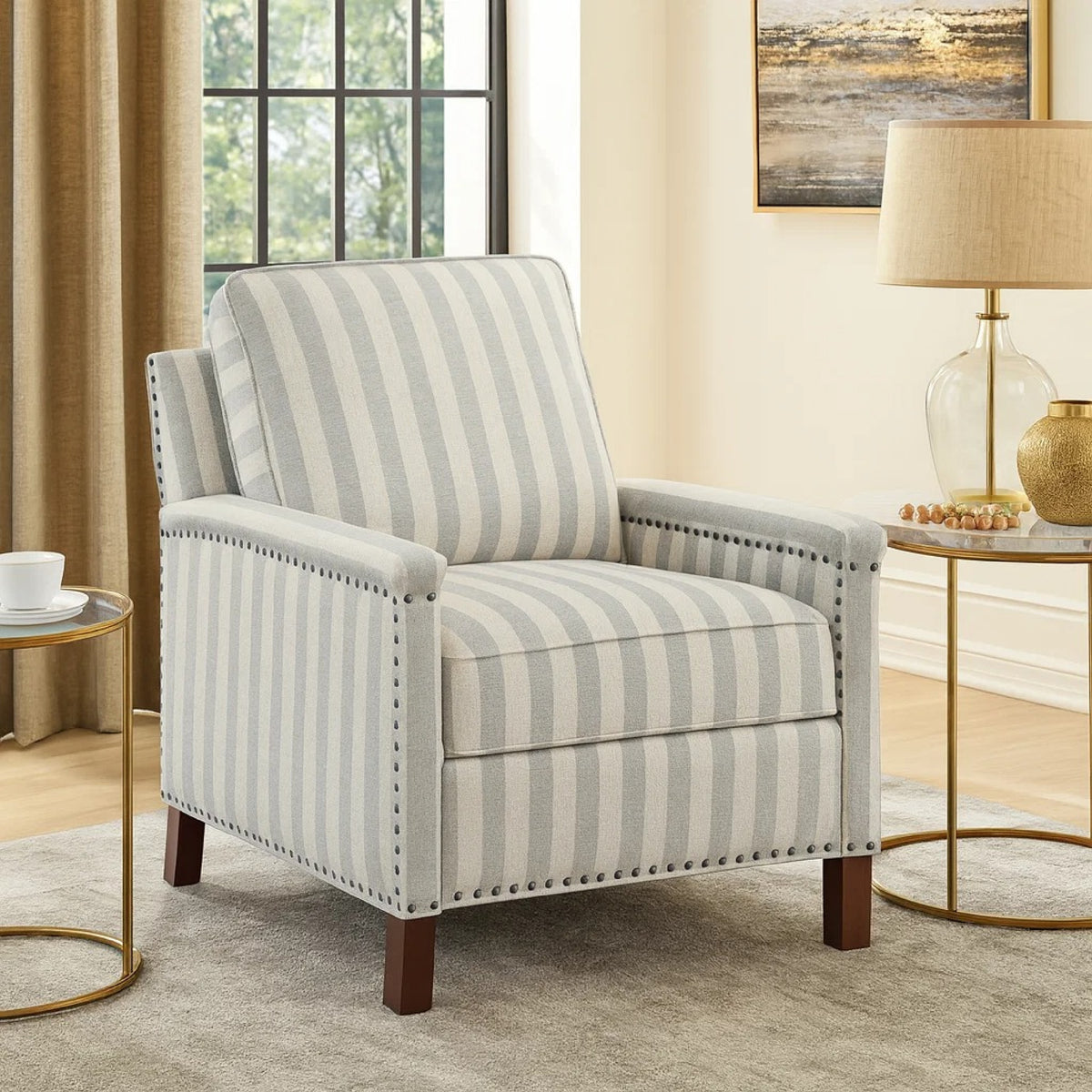 Claire Manual Reclining Chair, Beige and Gray Striped Pattern Polyester  - BM347860