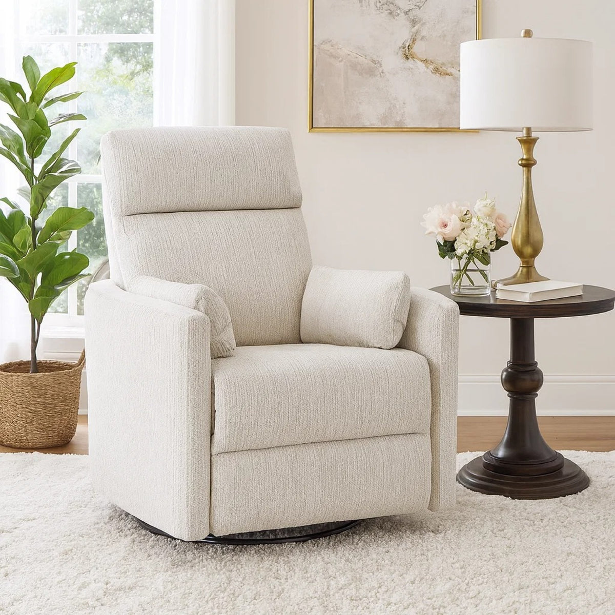 Liny Swivel Manual Glider Reclining Chair with 2 Pillows, Beige Microfiber  - BM347865