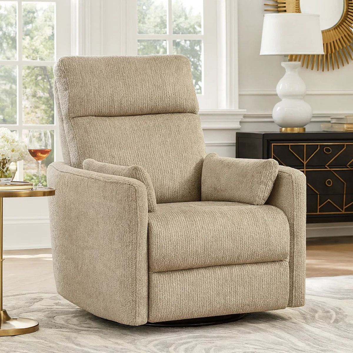 Liny Swivel Manual Glider Reclining Chair with 2 Pillows, Brown Microfiber  - BM347866