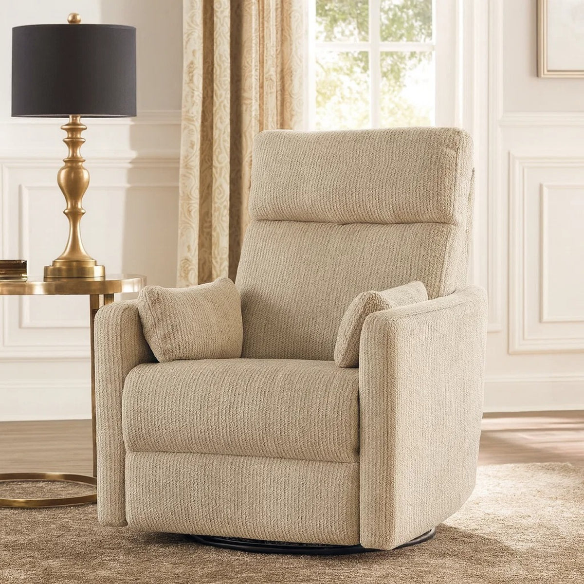 Liny Swivel Manual Glider Reclining Chair with 2 Pillows, Brown Microfiber  - BM347866