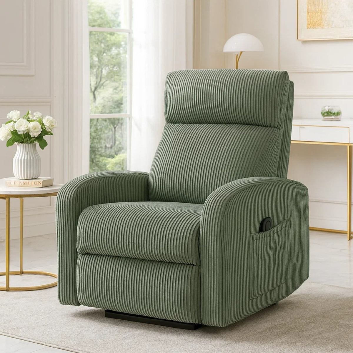 Pary Power Lift Chair, Armrests with Magazine Pocket, Green Corduroy  - BM347870