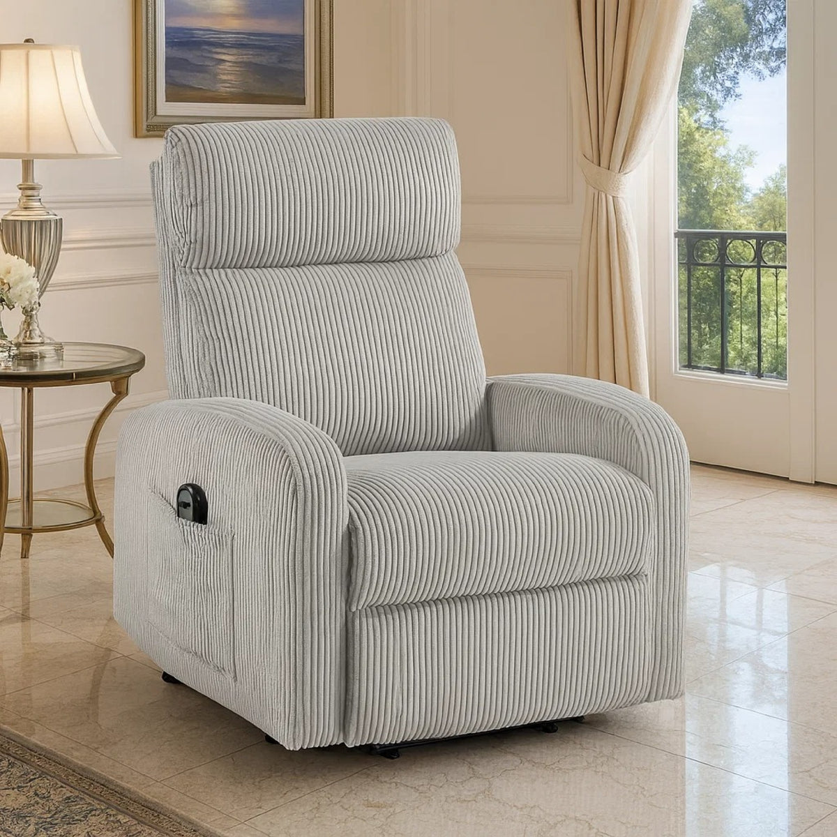 Pary Power Lift Chair, Armrests with Magazine Pocket, Light Gray Corduroy  - BM347871