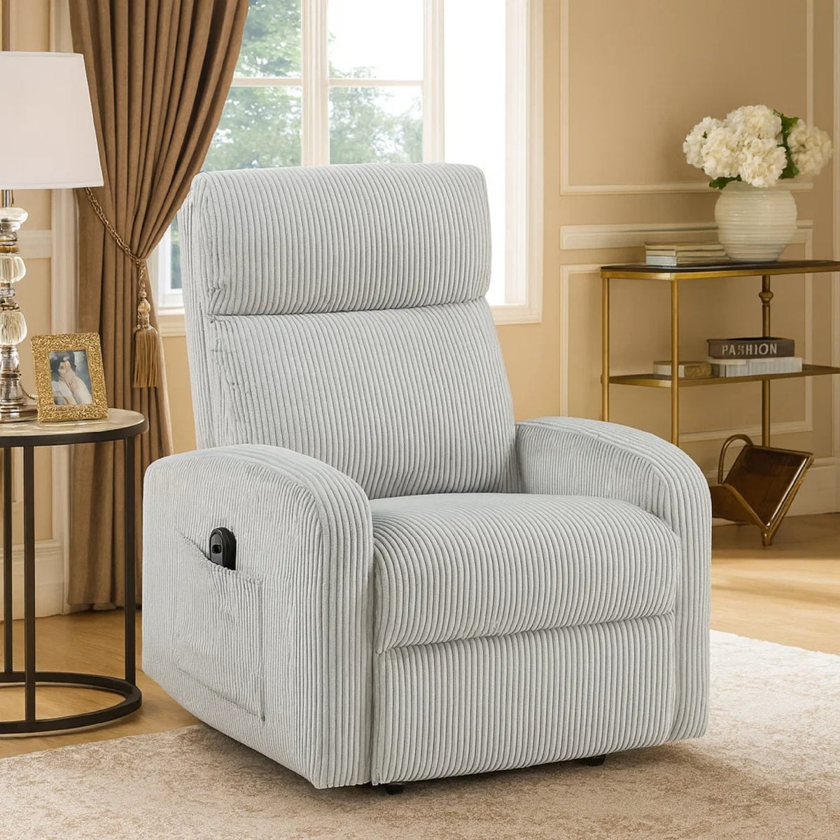Pary Power Lift Chair, Armrests with Magazine Pocket, Light Gray Corduroy  - BM347871