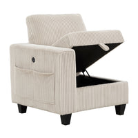 Wely Modular 1 Arm Chair with Lift Storage Seat, USB Ports, Beige Corduroy   - BM347874